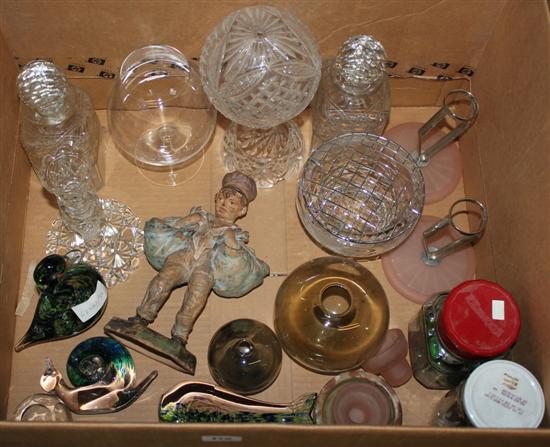 Quantity of glassware, inc Wedgwood paperweights, decanters etc